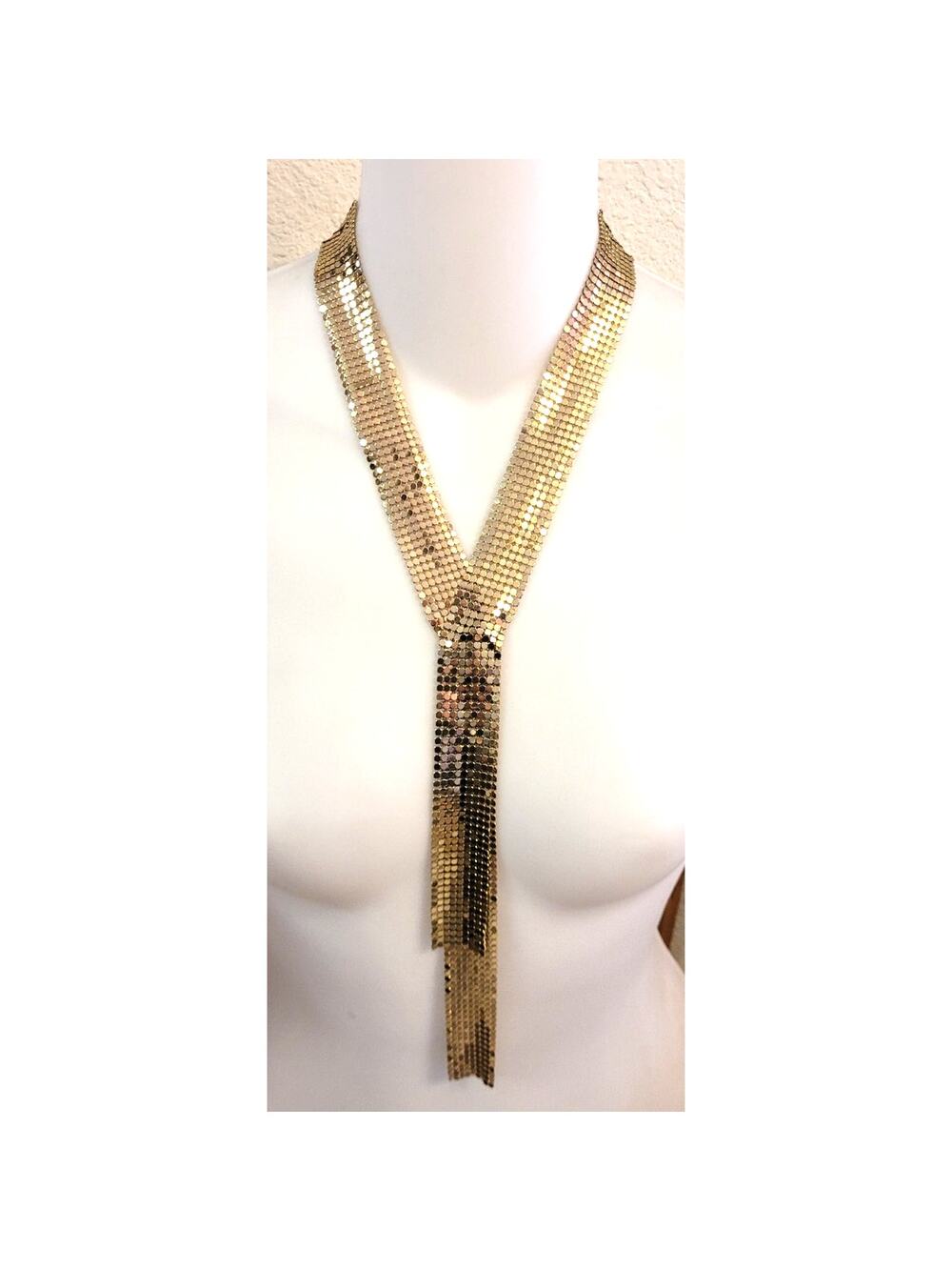 Vintage 70s Silver Tone Mesh Y Necklace Liquid Fringe Tassel Drop Foldover Clasp